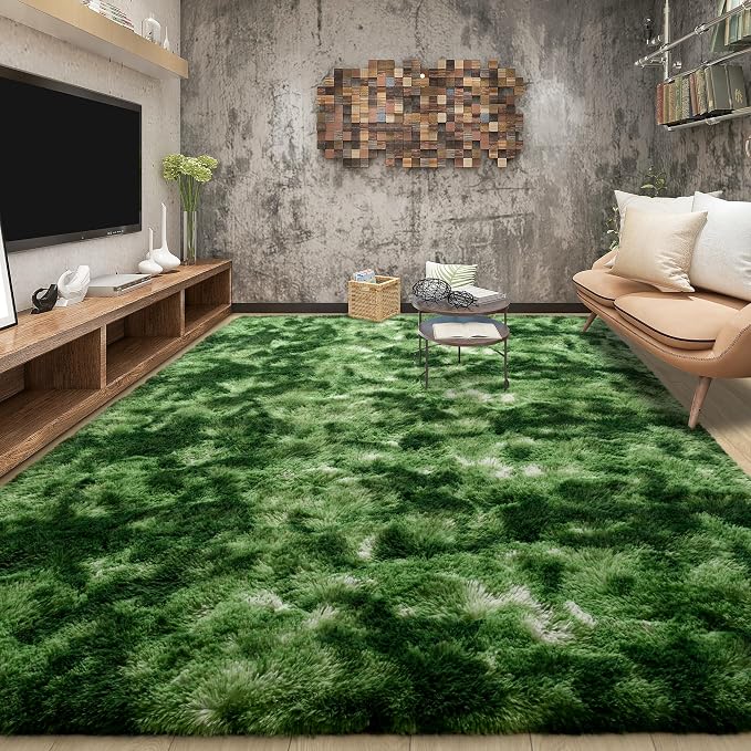 Tepook Fluffy Dark Green Rugs for Living Room Bedroom, 4x6 Soft Area Rug Tie-Dyed Forest Moss Green Kids Girls Boys Rug, Indoor Plush Shaggy Non-Slip Carpet for Nursery Classroom Dorm Home Decor