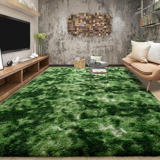 Tepook Fluffy Dark Green Rugs for Living Room Bedroom, 8x10 Soft Area Rug Tie-Dyed Forest Moss Green Kids Girls Boys Rug, Indoor Plush Shaggy Non-Slip Carpet for Nursery Classroom Dorm Home Decor