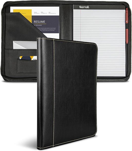 Samsill Contrast Stitch Leather Zippered Portfolio Folder/Business Portfolio for Men and Women, Resume/Document Organizer with Writing Pad, Black (71720)