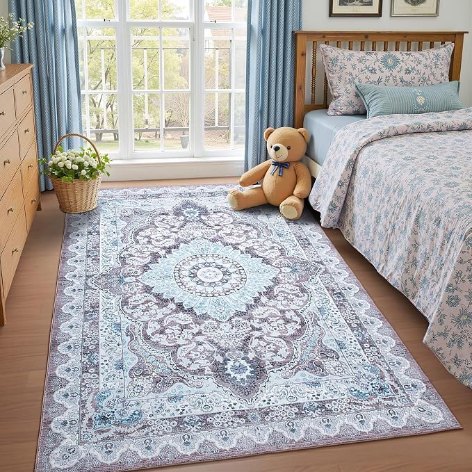 Macgace 4x6 Area Rug for Bedroom, Machine Washable Rugs with Non-Slip Backing for Living Room, Soft Vintage Carpet Kitchen Laundry Kids Room Decor, Blue & Brown
