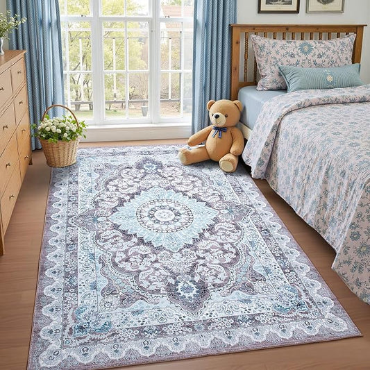 Macgace 3x5 Area Rug for Bedroom, Machine Washable Rugs with Non-Slip Backing for Living Room, Soft Vintage Carpet Kitchen Laundry Kids Room Decor, Blue & Brown
