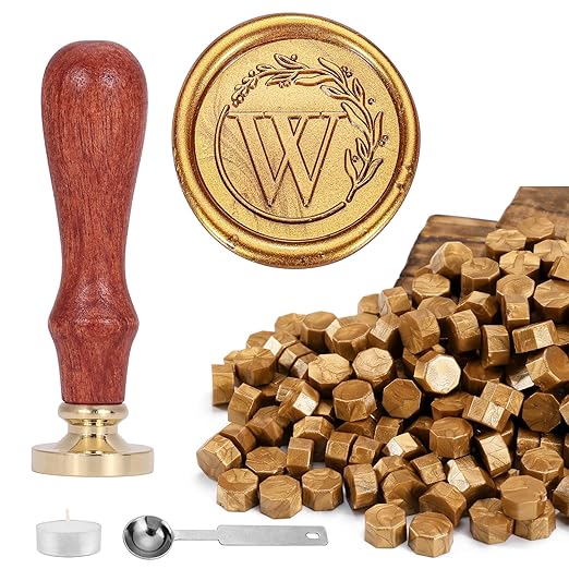 Yoption Letter Wax Seal Kit, Vintage Initial Alphabet W With Wreath Stamp and 120 Antique Gold Seal Beads