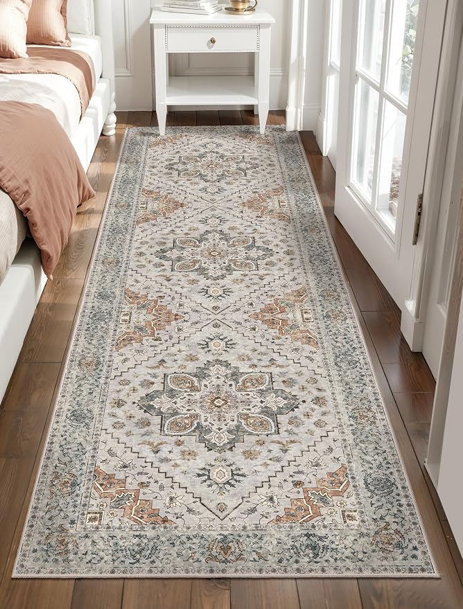 Tangsoo 3x10 Runner Rug for Hallway Long Washable Hallway Runner Rugs, Non Slip Vintage Soft Low Pile Rug Runner, Indoor 10ft Carpet Runners for Living Room Kitchen Bedroom Entryway Grey/Cream