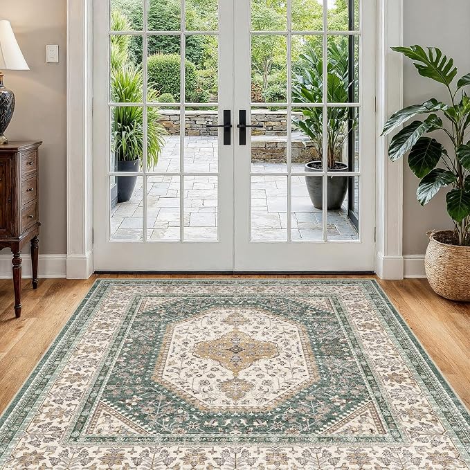 4X4 Square Rug for Living Room - Washable Kitchen Area Rug with Non Slip Rubber Backing for Bedroom Indoor Soft Stain Resistant Carpet Desk Rug for Pet-Friendly and Kitchen Decor Green/Beige