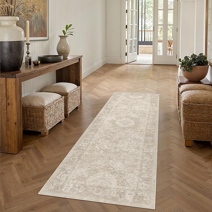 PureCozy Beige Runner Rug 2x6 Hallway Washable Vintage Carpet for Kitchen Non Slip Soft Low Pile Indoor Retro Oriental Medallion Accent Throw Long Rug Rug for Bathroom Laundry Dining Room