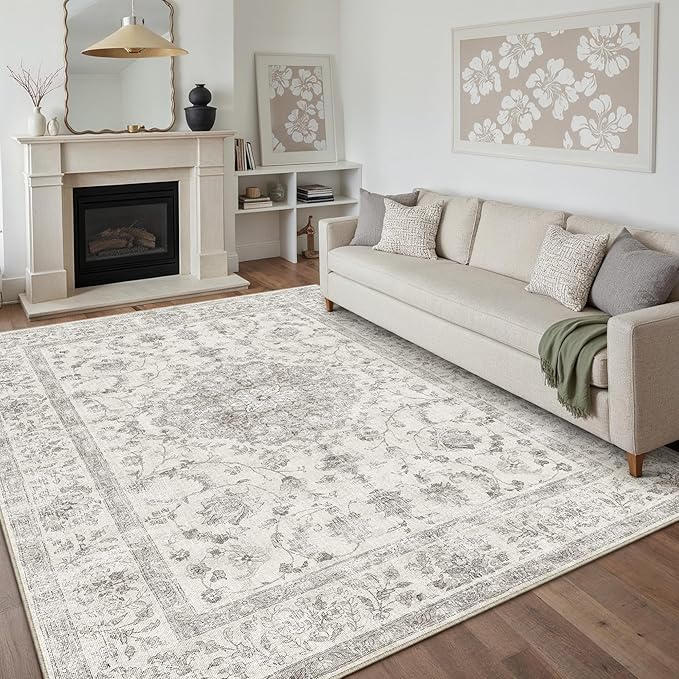 PureCozy 8x10 Area Rug Gray Washable Living Room Vintage Carpet Bedroom Large Non Slip Neutral Oriental Soft Low Pile Soft Thin Dining Room Office Accent Throw Rug