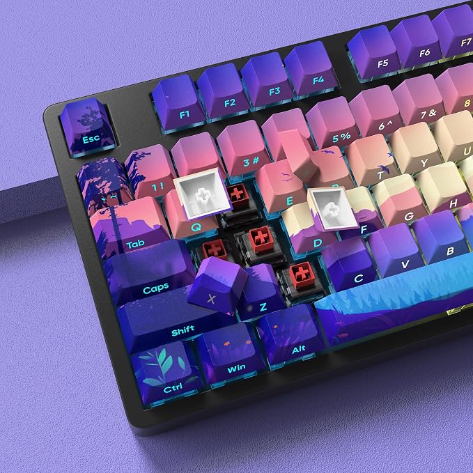 JSJT PBT Keycaps Side-Printed Translucent Keycap,Multi-Coloured Style Shine Through Custom Key Caps,124 Keys Cherry Profile Keycap Set for Cherry MX Switches Mechanical Keyboards