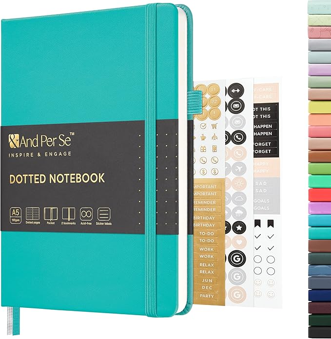 &And Per Se Dotted Journal Notebook, A5 Hardcover Leather Dotted Journal, 160 Pages 100gsm Thick Dot Grid Paper, 3 Sheets of Stickers Included - 5.7'' x 8'' (Turquoise)