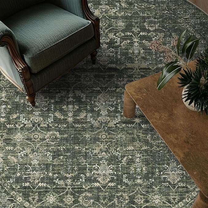 8ft Green Round Washable Area Rug for Living Room Vintage Boho Non Slip Circle 8x8 Large Rug Distressed Floral Carpet Indoor Retro Soft Low Pile Farmhouse Throw Rug for Bedroom Nursery Office