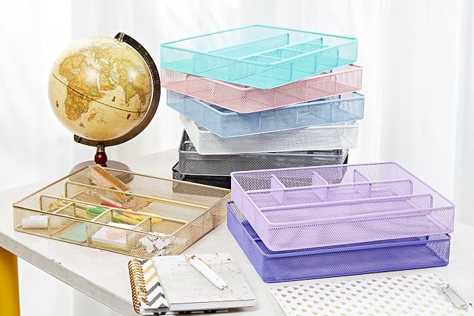 Annova Desk Top Organizer Tray for Office Organization - Metal Mesh - Storage Tray with Dividers for Pens, Desktop Accessories, Bathroom, Kitchen, Makeup and Office Supplies (Large, Gold)