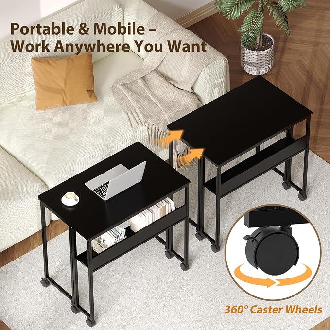 Garvee Folding Desk Small Rolling Desk with Storage Shelf,24.8 Inch Foldable Computer Table for Small Spaces, Space Saving Sofa Table with Wheels for Home Office, Study, Easy Assembly, Black