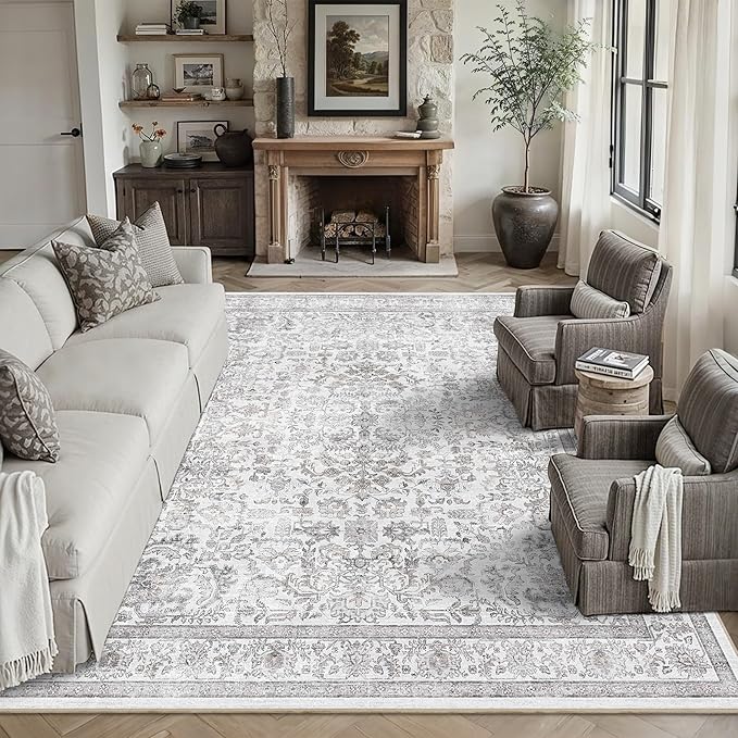 8x10 Gray Washable Area Rugs for Living Room Non Slip Low Pile Vintage Boho Throw Rug Soft Retro Distressed Floral Large Carpet Indoor Farmhouse Decor for Bedroom Dining Room Office Kitchen Playroom