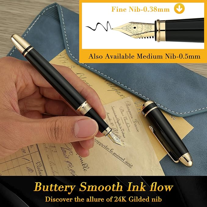 BEILUNER 315 Black Fountain Pen,Stunning Luxury Pens with 24K Gold Accents, Gorgeous 24K Gilded Nib(Fine), Ink Converter,Fancy Pen Gift for Men&Women-Elegant, Office, Graduation, Nice Design
