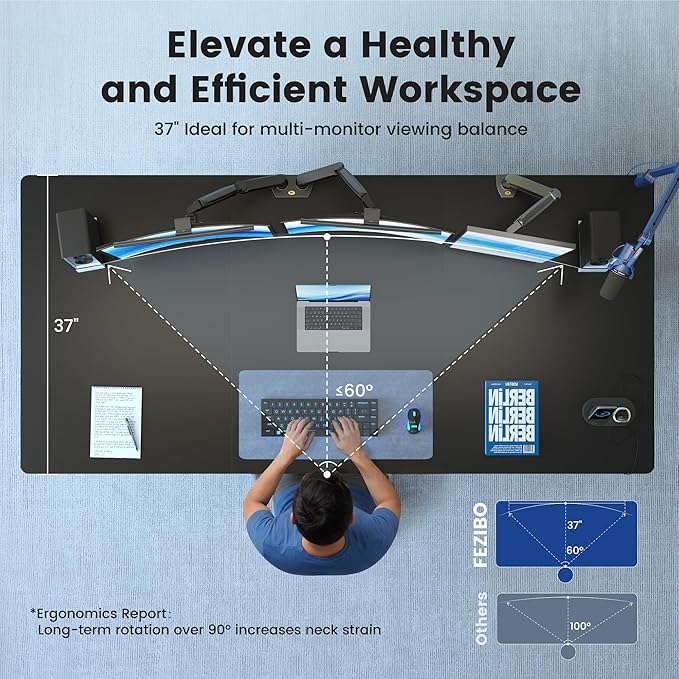 FEZIBO 83 x 37 Inch Standing Desk with Integrated Dual-Beam, Cable Management, 3 Memory Height Adjustable Computer Desk for Home Office Workstation, 1" Thick Large 3-Piece Desktop Black