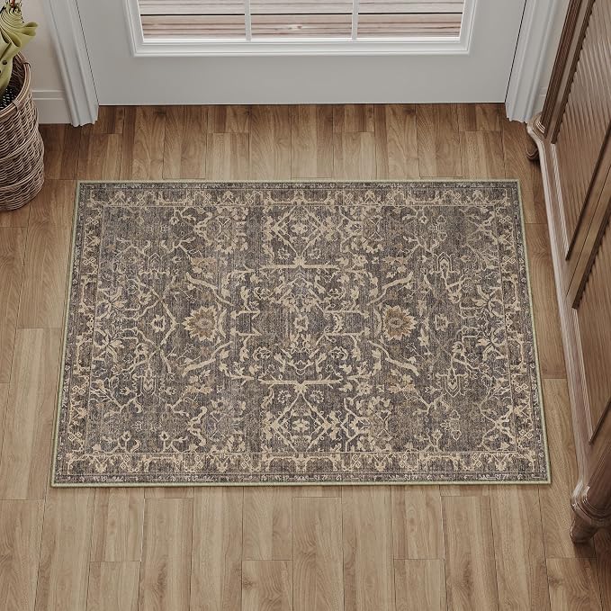 HUGEAR 2x3 Entryway Area Rug Retro Brown Small Rug Machine Washable Door Mat Vintage Floral Low Pile Carpet Vacuumable Distressed Throw Rug Entrance Kitchen Bathroom Bedroom Non Slip Lightweight