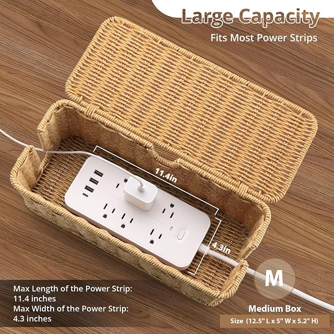 2Pack Large Cable Management Box, Handwoven Imitation Rattan Cord Organizer | Handwoven imitation rattan cord hider box conceals power strips and cables for a clean desk or floor setup
