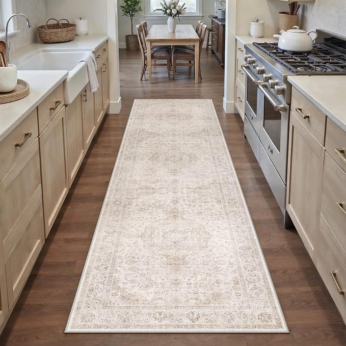HUGEAR 2x8 Runner Rug Hallway Vintage Beige Machine Washable Neutral Floral Low Pile Carpet Vacuumable Thin Long Throw Rug Bedroom Office Bathroom Kitchen Laundry Non Slip Soft Lightweight