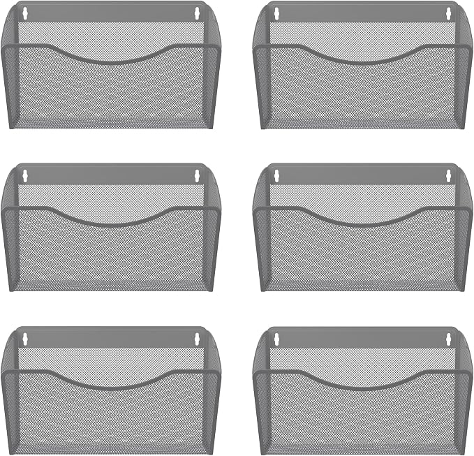 EasyPAG 6 Pack Wall File Organizer, Metal Mesh Hanging File Folder Holder for Letter/A4 Size Folders, Vertical Wall Mount Mail Sorter for Office Paperwork, Classroom, Silver