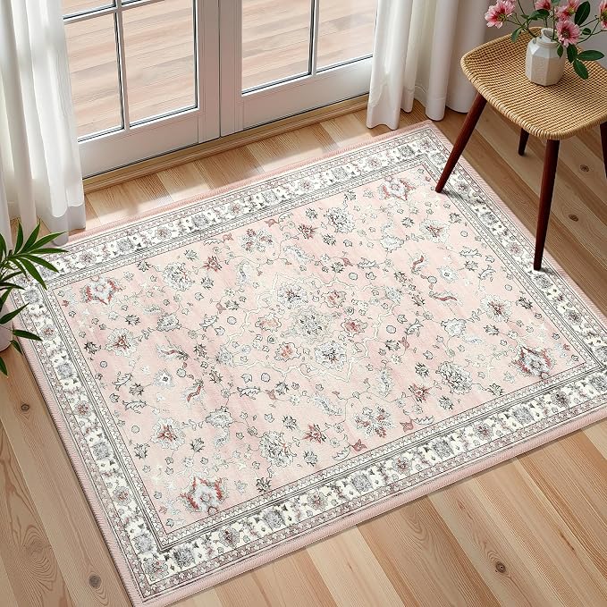 Light Pink 2x3 Washable Entryway Rug, Small Boho Non Slip Area Rugs, Vintage Floral Throw Door Mat, Aesthetic Low Pile Carpet for Kitchen Indoor Farmhouse Entrance Bedroom