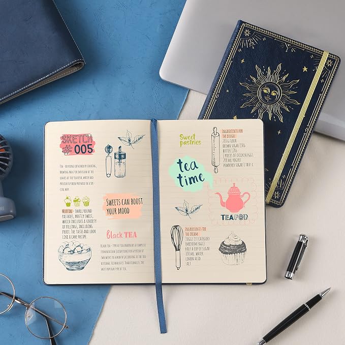 Artfan Ruled Notebook/Journal – Premium Thick Paper Faux Leather Classic Writing Notebook with Pocket + Page Dividers Gifts, Banded, Large, 144 Pages, Hard Cover, Lined (5.8''x 8.4'') - Blue