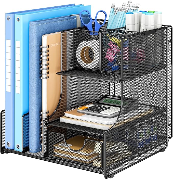 Lavatino Desk Organizer – 4-in-1 Black Mesh Office Supplies Organizer with Pen Holder, File Holder, Desktop Tray, and Drawer for Home, Office, Classroom