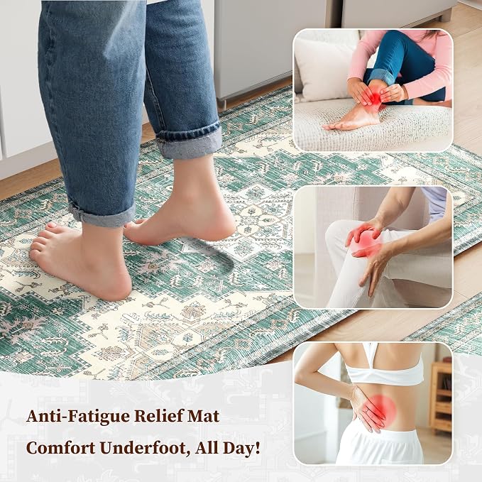 Boho Kitchen Mats for Floor 2 Piece Set Anti Fatigue Cushioned PVC Kitchen Rugs Non Slip Waterproof Farmhouse Mats 2/5 Inch Comfort Standing Mat for Sink, Laundry, 17.3"x47"+17.3"x28", Blue Green