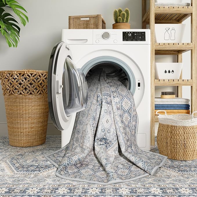 3x14 Runner Rug Kitchen Washable:Oriental Indoor Hallway Runners with Non Slip Backing Floor Mat for Entryway Door Low Pile Thin Carpet for Bedroom Bathroom Living Room Bedside (Blue, 3x14)