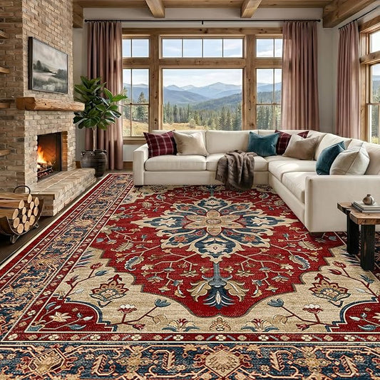 RELEANY Area Rugs Large 9'x12' Washable Non-Slip, Floral Vintage Distress Medallion Carpet for Living Room Bedroom Dining Room, Red Blue