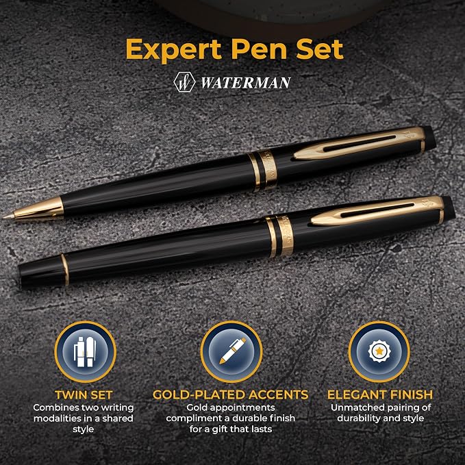 Waterman Expert Engraved Fountain and Ballpoint Pen Set, Black Lacquer with 23K Gold Trim, Mysterious Blue and Black Ink, Gift for Retirement, Board Members, Senior Partners, Career Advancement