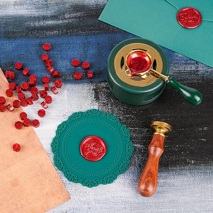 Wax Seal Kit Furnace with Spoon and Silicone Pad for Melting Wax Seal Beads or Sticks, Green