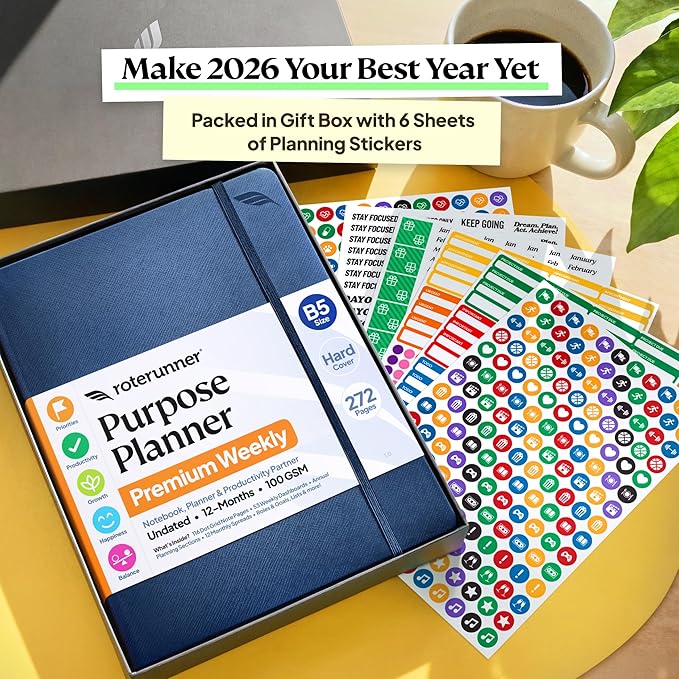Roterunner Purpose Planner Notebook B5 7.5”x9.8” 12 Month Undated 2026 Daily Weekly and Monthly Productivity Goal Setting Tool for Work Home ADHD Planner for Adults Self Care Journa (Green)