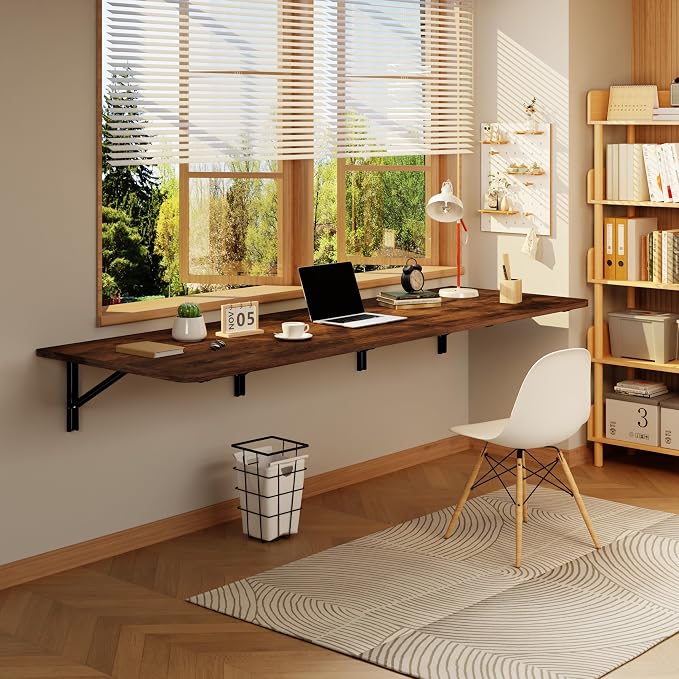 IAE Wall Mounted Floating Foldable Desk 72" x 22" Folding Computer Workstation Table with Engineered Wood and Metal Shelf Brackets,Fold&Floating Design for Home Office, Apartment,Laundry Room,Rustic