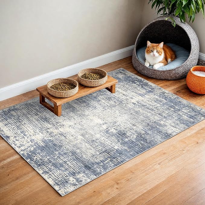 Washable Entryway 2x3 Area Rug: Small Abstract Kitchen Rugs for Indoor Bathroom Entrance Non Slip Door Mat with Rubber Backing Ultra Thin Soft Carpet for Bedroom Pet Feeding Area (Blue Gray,2x3)
