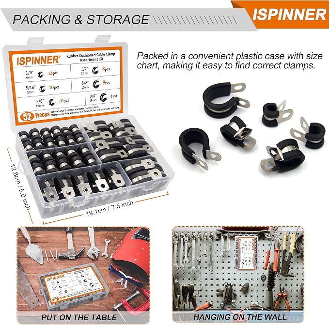 ISPINNER 52pcs Cable Clamps Assortment Kit, 304 Stainless Steel Rubber Cushion Pipe Clamps in 6 Sizes 1/4" 5/16" 3/8" 1/2" 5/8" 3/4"