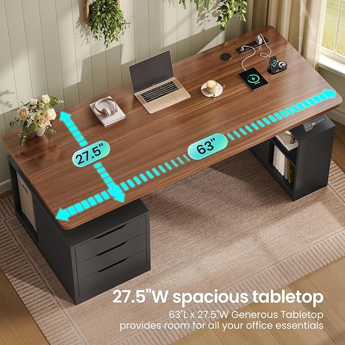 SEDETA Modern Electric Standing Desk, 63" Height Adjustable Computer Desk with 3 Drawers, Storage Shelves, Power Outlets, Wood Home Office Stand up Desk for Work, Study, Writing, Black+ Brown