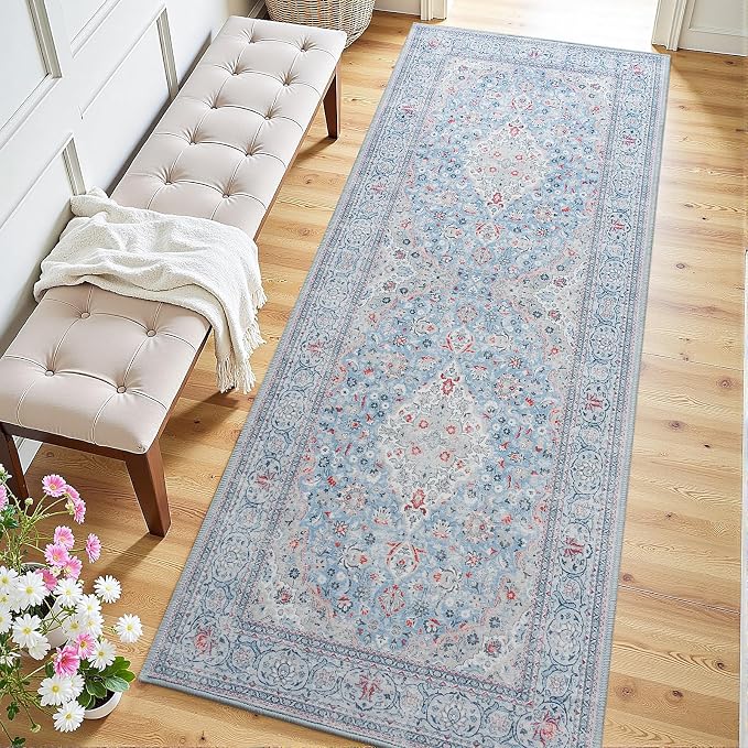 Blue Washable Vintage Runner Rug, 2x6 Boho Bedroom Area Rugs, Soft Non Slip Floral Entryway Carpet Runners, Indoor Low Pile Carpets for Kitchen Hallway Bedside