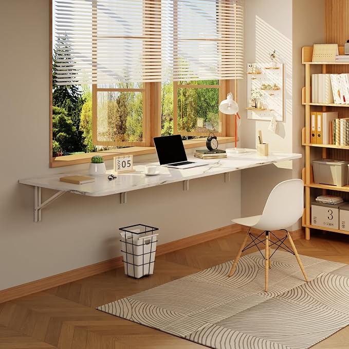 IAE Wall Mounted Floating Foldable Desk 72" x 22" Folding Computer Workstation Table with Engineered Wood and Metal Shelf Brackets,Fold&Floating Design for Home Office, Apartment,Laundry Room,White