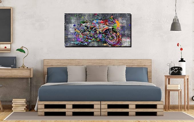 SIXTTART Graffiti Motorcycles Wall-Art - Wall Decor For Bedroom Men - Room Decor For Teens Ready To Hang Size 40" x 20"