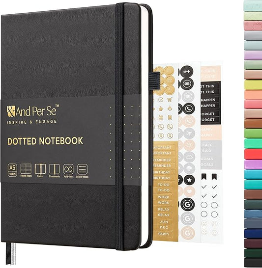 &And Per Se Dotted Journal Notebook, A5 Hardcover Leather Dotted Journal, 160 Pages 100gsm Thick Dot Grid Paper, 3 Sheets of Stickers Included - 5.7'' x 8'' (Black)