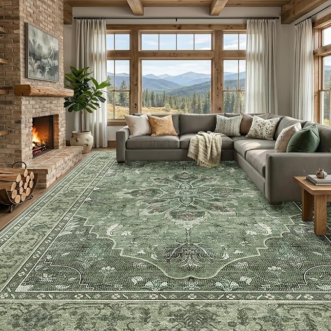 RELEANY Area Rugs Large 9'x12' Washable Non-Slip, Floral Vintage Distress Medallion Carpet for Living Room Bedroom Dining Room, Dark Green Gray