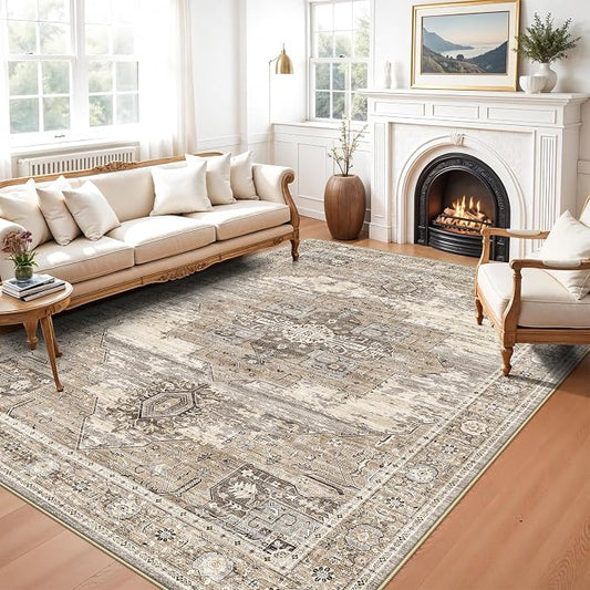 RUUGME 6x8 Washable Oriental Area Rug - Living Room Rugs with Non Slip Backing Soft Stain Resistant Carpet for Bedroom Kitchen Ultra Thin Low Pile Home Decor Floor Mat for Bathroom Nursery 6x8 Beige