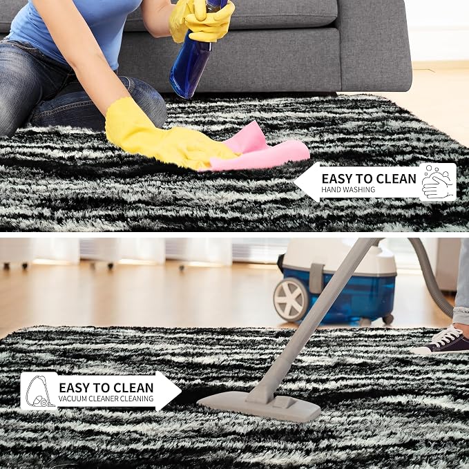 Tepook Fluffy Large Rugs for Living Room, 8x10 Area Rugs for Bedroom, Modern Shag Fuzzy Carpets for Kids Boys Girls, Plush Indoor Nursery Home Decor Rug with Non-Slip Bottom, Black White
