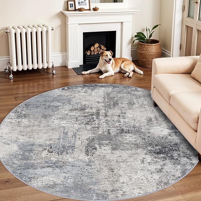 RUUGME Washable Round Rug 6ft: Abstract Circle Rug for Dining Room Table - Non-Slip Soft Low Pile Area Rugs for Living Room Office - Stain Resistant Non Shedding Carpet for Home Decor (Blue 6ft)