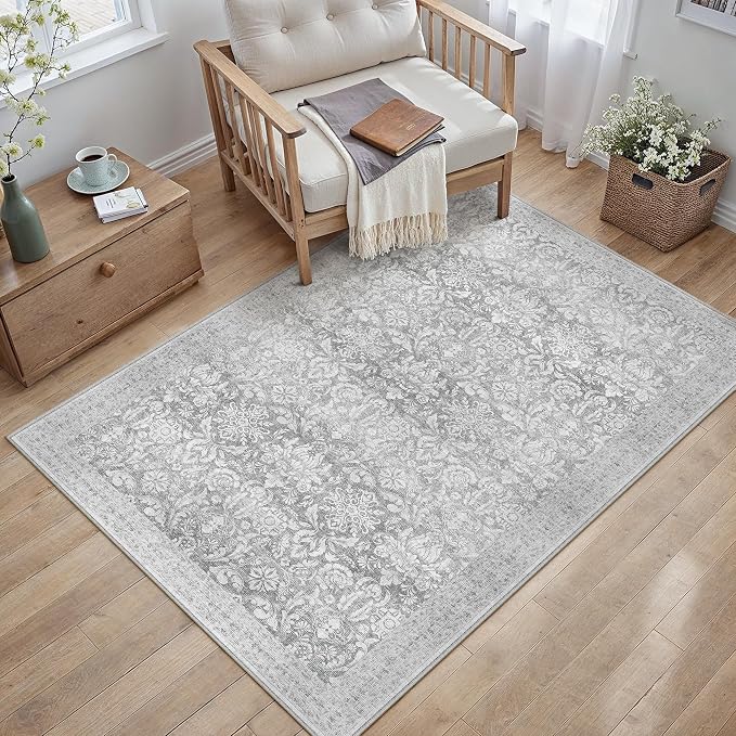 PureCozy 4x6 Area Rug Washable Gray Vintage Home Office Carpet Indoor Non Slip Small Low Plie Thin Bedroom Living Dining Room Retro Accent Throw Grey Rug
