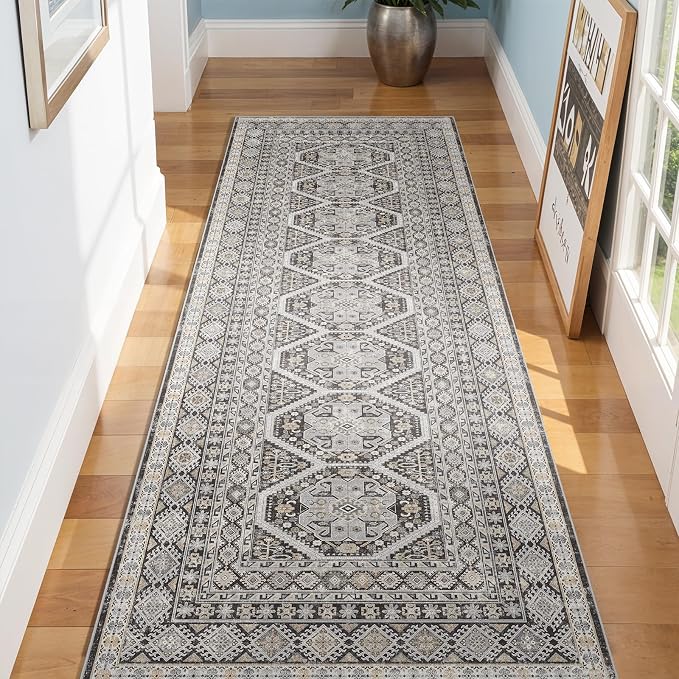 3x8 Runner Rug Kitchen Washable: Oriental Indoor Hallway Runners with Non Slip Backing Floor Mat for Entryway Door Low Pile Thin Carpet for Bedroom Bathroom Living Room Bedside Black