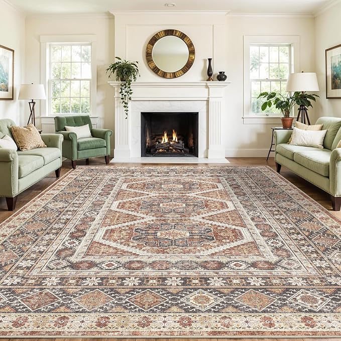 12x15 Area Rug for Living Room: Vintage Oriental Washable Rug for Bedroom Dining Room with Non Slip Rubber Backing Stain Resistant Low Pile Large Carpet Home Office (Brick, 12x15)