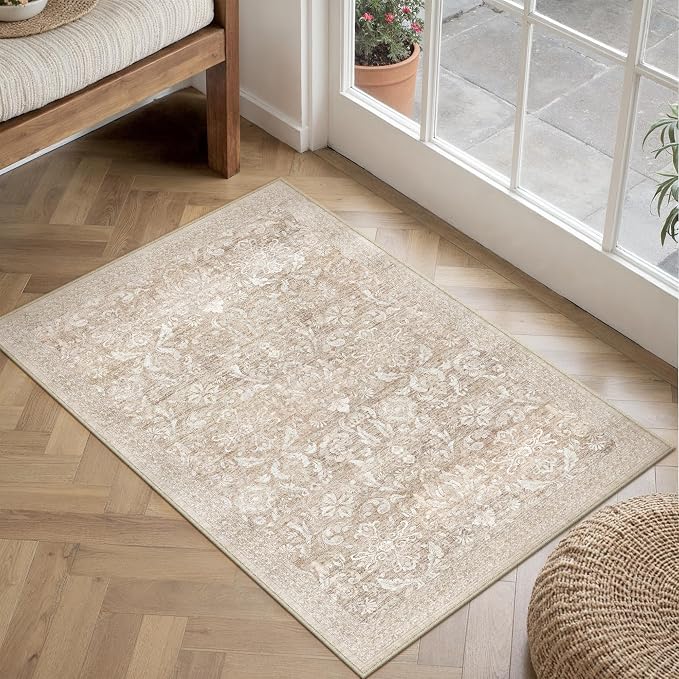 PureCozy Washable Area Rug 2x3, Small Non-Slip Beige Entryway Door Mat Vintage Low Plie Thin Indoor Kitchen Bathroom Rug Retro Accent Throw Entrance Bedroom Office Carpet