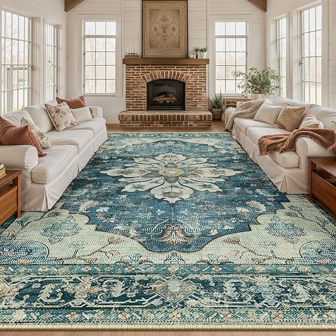 RELEANY Area Rugs Large 10'x12' Washable Non-Slip, Floral Vintage Distress Medallion Carpet for Living Room Bedroom Dining Room, Dark Blue Vintage