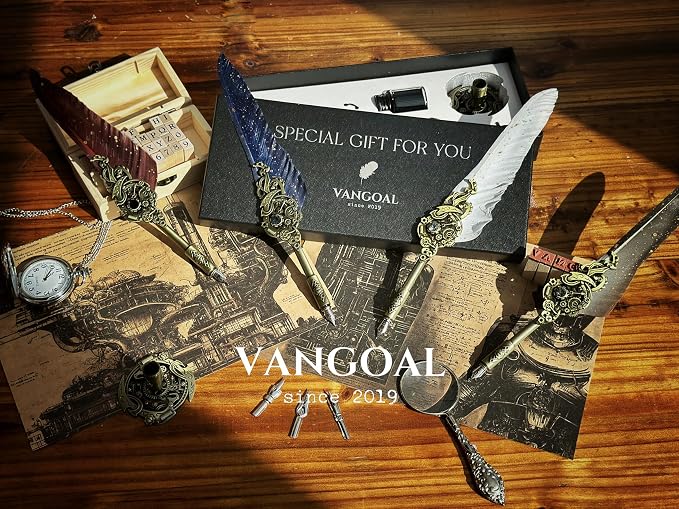 VANGOAL Steampunk Feather Pen and Ink Set with Gift Box, Vintage Quill Pen for Writing, Calligraphy Pen Set for Office Supplies, Birthday, Wedding, Christmas Gift (Coffee)