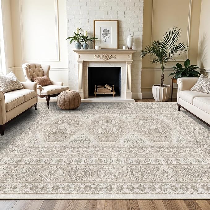 10x12 Area Rug for Living Room: Vintage Oriental Washable Rug for Bedroom Dining Room with Non Slip Rubber Backing Stain Resistant Low Pile Large Carpet Home Office (Beige, 10x12)